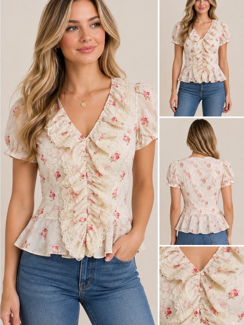 Ralph Lauren Cream Blouse with Pink Floral Print and Lace Ruffles - Picture 2 of 7